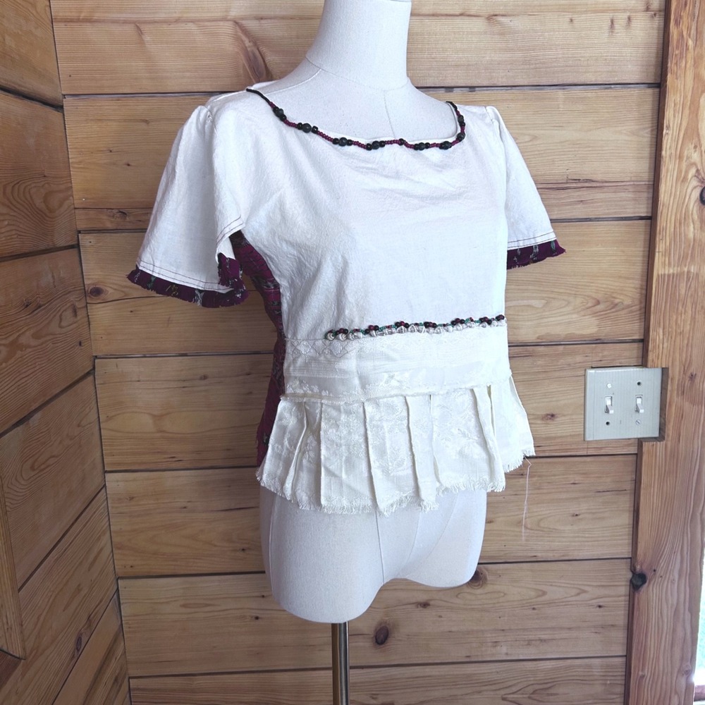 Vintage Linen Silk Peplum Blouse Women Large Cream Folk Art Mixed Media MCM